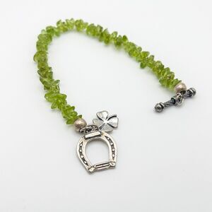 Sterling Silver 925 Peridot Chip Bracelet Clover Horseshoe 7.75”